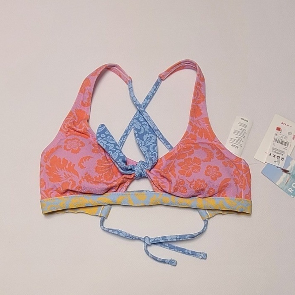 Roxy Tapestry Pathwork Convertible Bralette Bikini Top Pink Blue Floral XS NEW